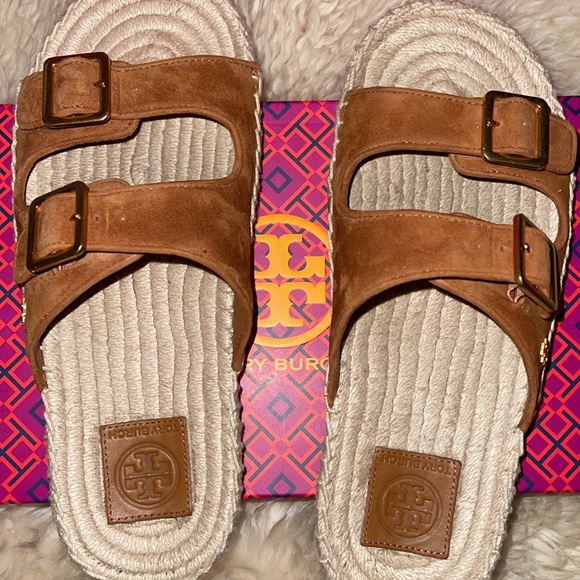 Tory Burch Two Suede Band Flat Espadrilles Slides - Picture 10 of 15